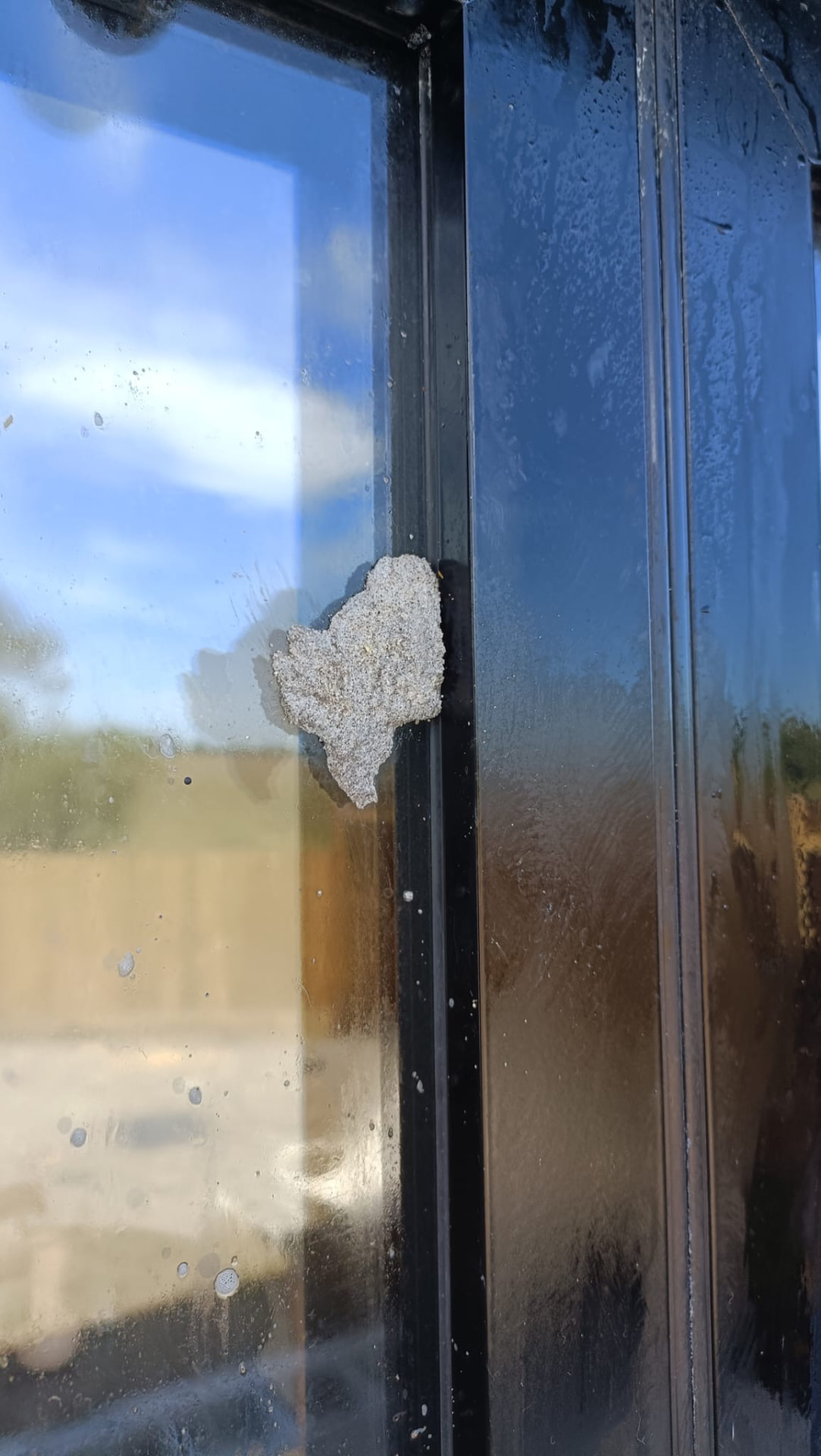 Before: window glass and frame marked with dirt, splashes and debris