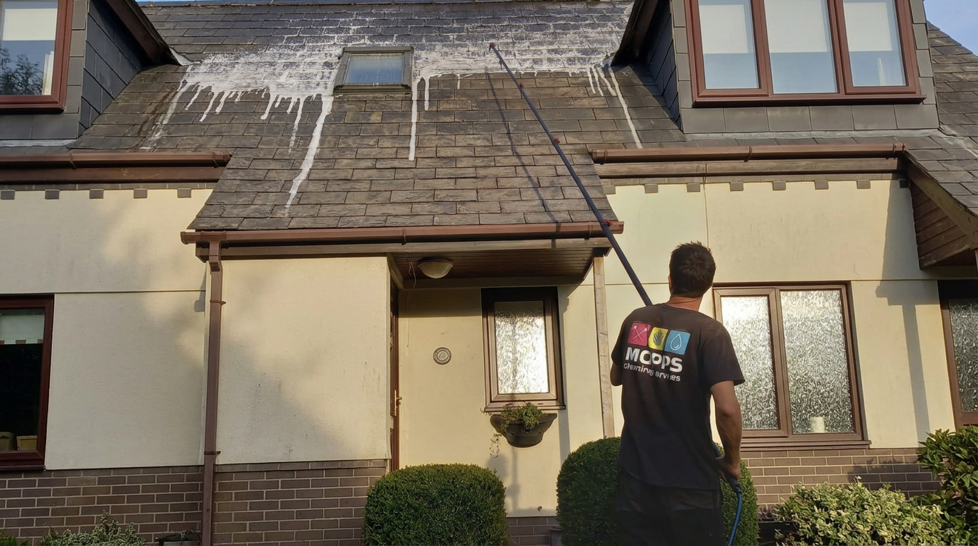 Mopps cleaner softwashing a slate roof with a reach pole on a sunny British home