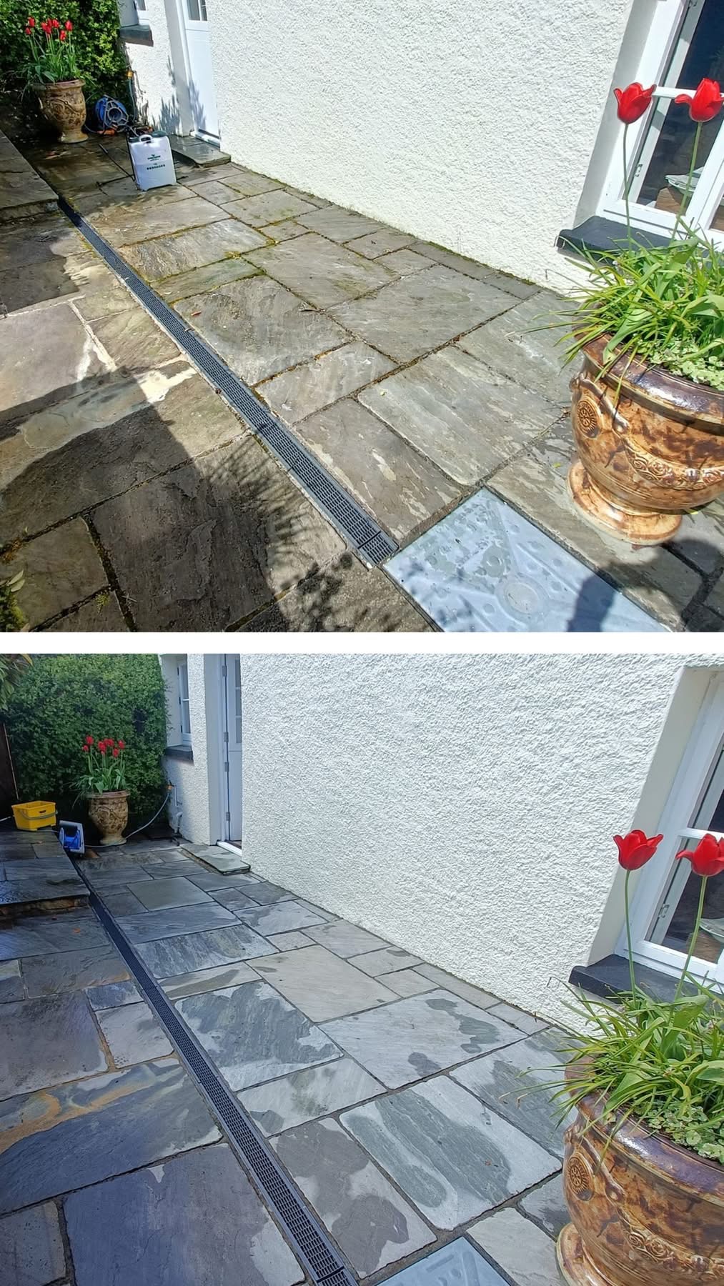 Before and after: sandstone patio pressure-washed to a fresh finish